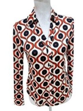 Truth by Republic Retro Geometric Blouse Small | Brown Orange Print Button Up